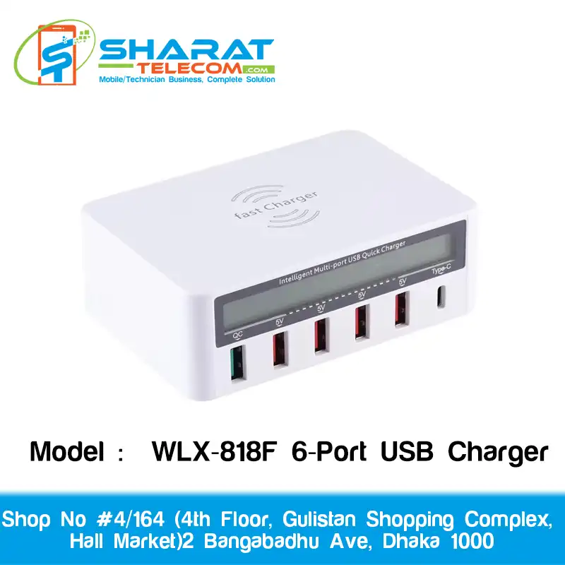 WLX-818F 6-Port Wireless Smart USB Charger – 40W Fast Charging with LED Display